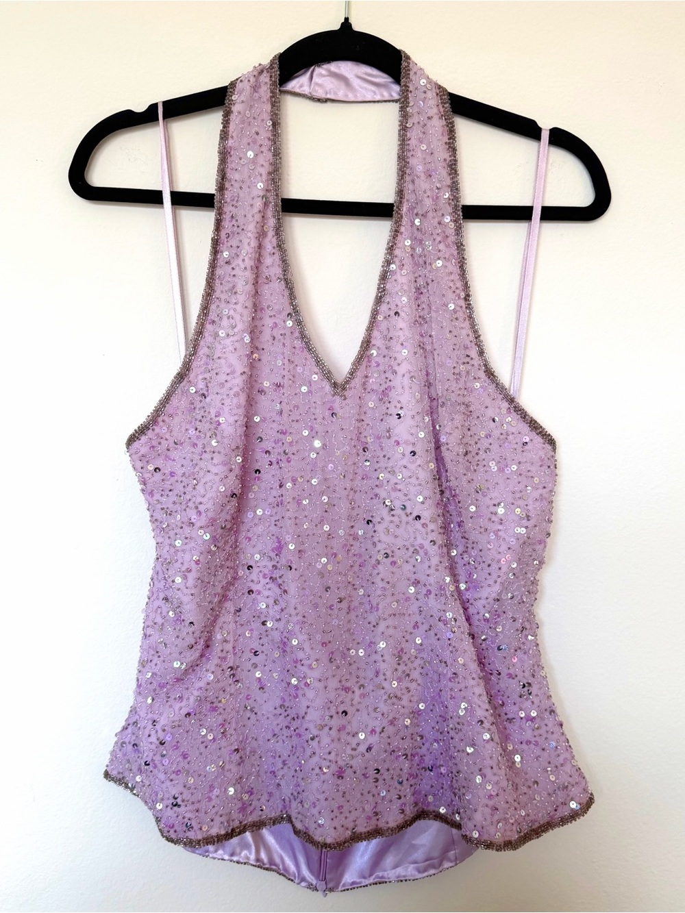 Blushe Impressions Vintage Y2K Silk Beaded Sequin Halter Top Lavender Purple XL